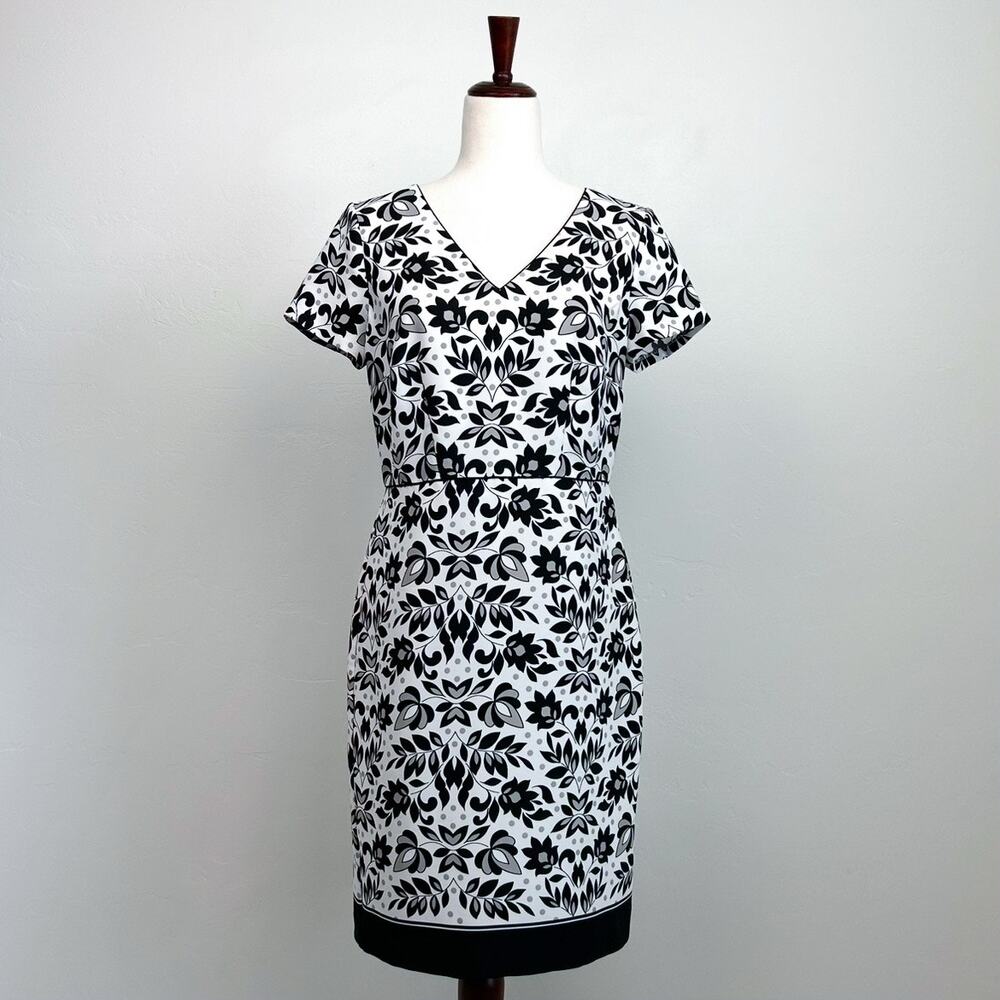 Ann Taylor Floral Black White V-Neck Short Sleeve Career Sheath Dress SIZE 6